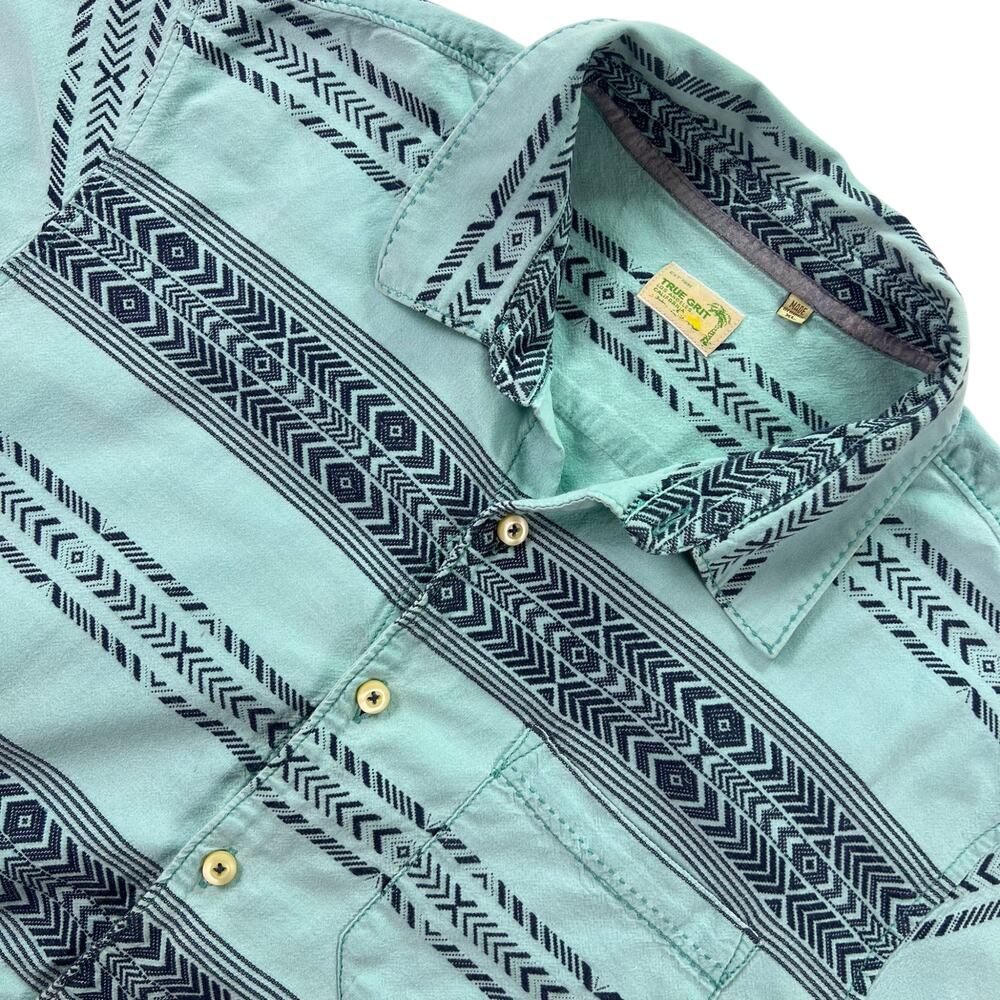 True Grit Southwestern Shirt Mens XL Blue Green Aztec Stripe Cotton Button Down